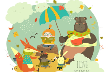 Cute girl reading book to wild animals. Vector