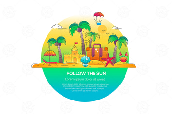 Follow the Sun - vector line travel illustration