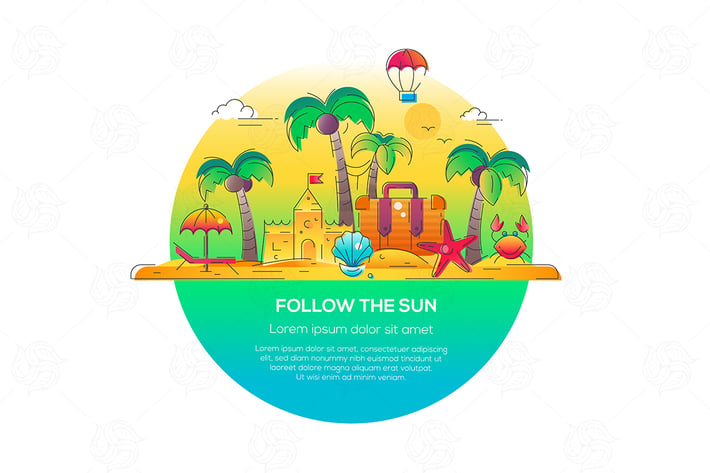 Follow the Sun - vector line travel illustration
