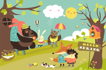 Cute animals walking in spring forest. Vector