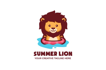 Lion Swimming Summer Cartoon Mascot Logo Template