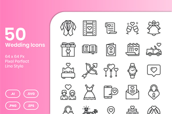 50 Wedding Icons Set - Line