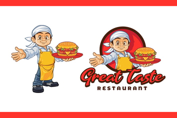 Cartoon Young Chef Holding Hamburger Mascot Logo