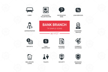 Bank branch - modern vector icons, pictograms set