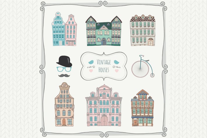 Vintage Old Styled Hand Drawn Houses Icons.