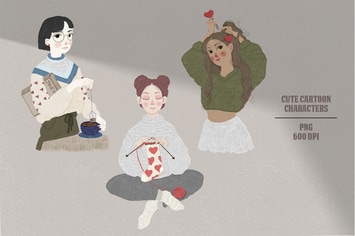 Cute valentine hand-drawn cartoon girls
