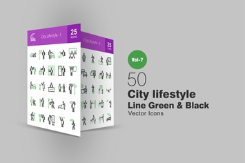50 City Lifestyle Line Green & Black Icons