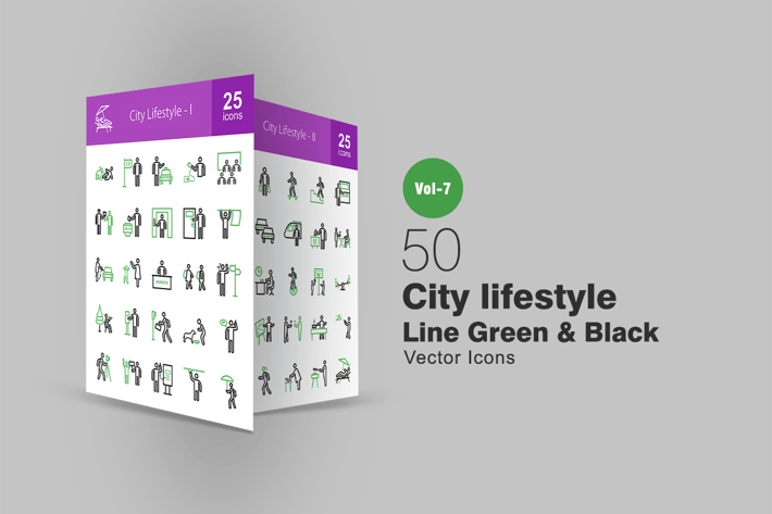 50 City Lifestyle Line Green & Black Icons