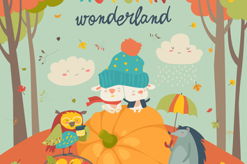 Hello autumn background with cute animals. Vector 