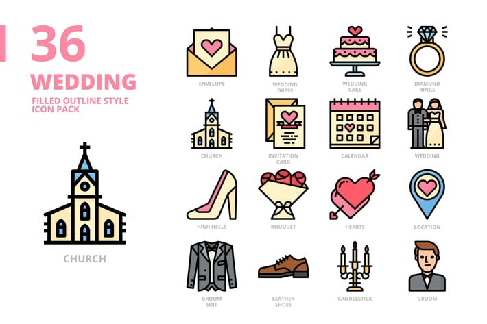 Wedding Filled Outline Style Icon Set