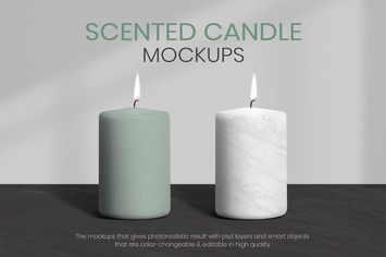 Scented candle mockup in green and white marble