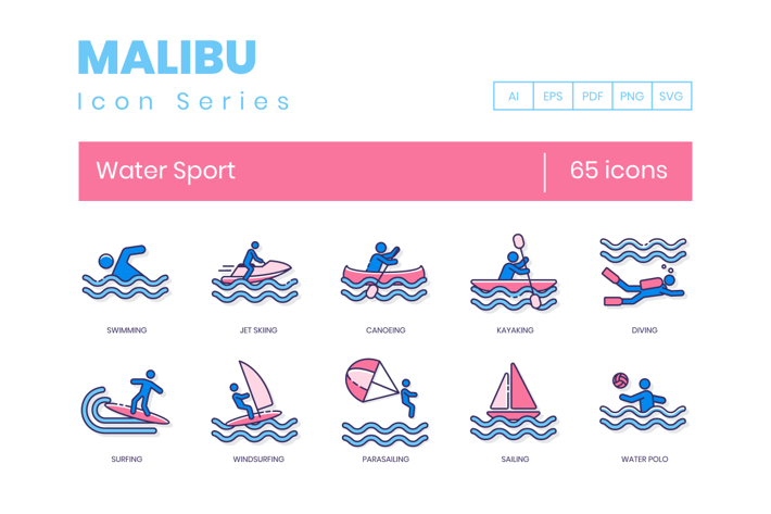65 Water Sports Line Icons