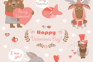 Vector set of fun animals with hearts and flowers
