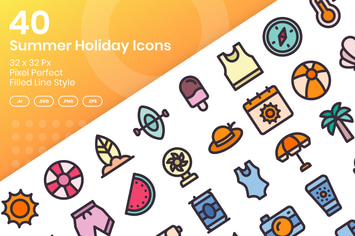 40 Summer Holiday Icons Set - Filled Line