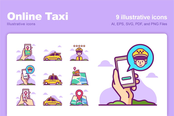 Online Taxi Illustrative Icons