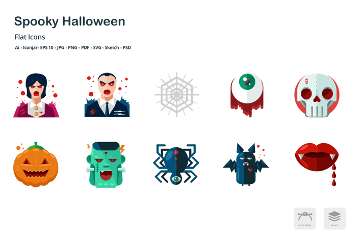 Spooky Halloween Flat Colored Icons