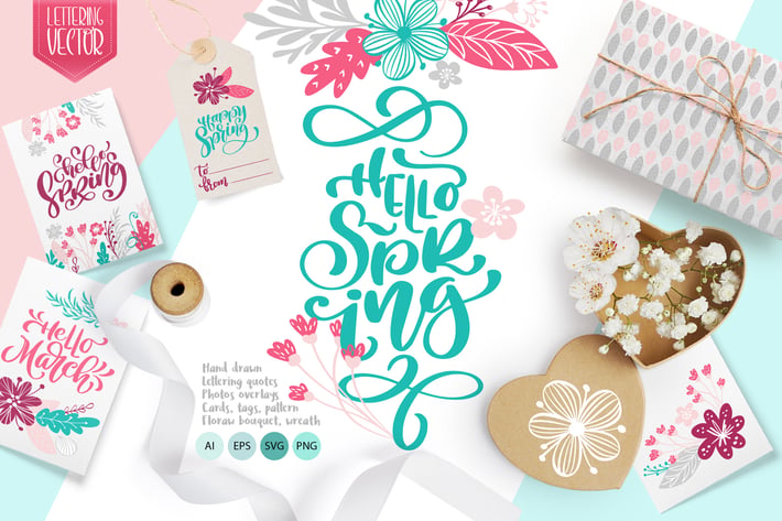Spring vector lettering & floral greeting card
