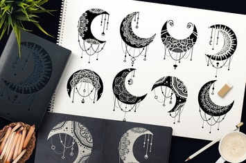 Mandalas Crescent Moon Clipart Set