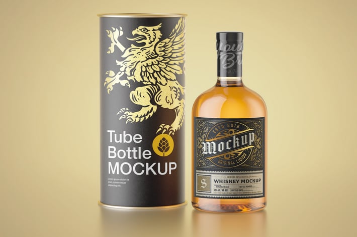 Whiskey Bottle with Paper Tube Mockup