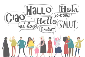 Group of cartoon people talking in different langu