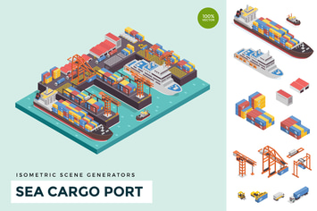 Isometric Sea Cargo Port Vector Scene Creator