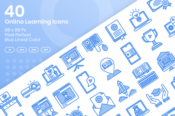 40 Online Learning Icons Set - Blue Lineal Color