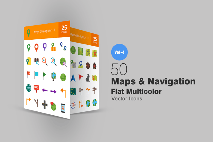 50 Maps & Navigation Flat Multicolor Icons
