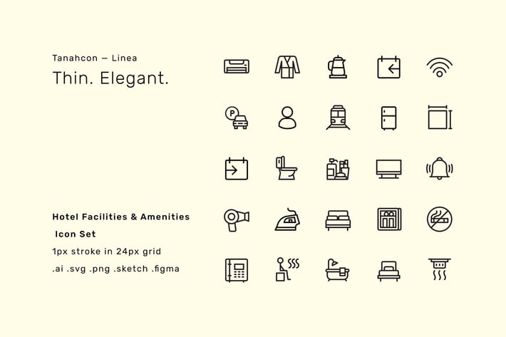Hotel Facilities and Amenities Icon Set - Linea