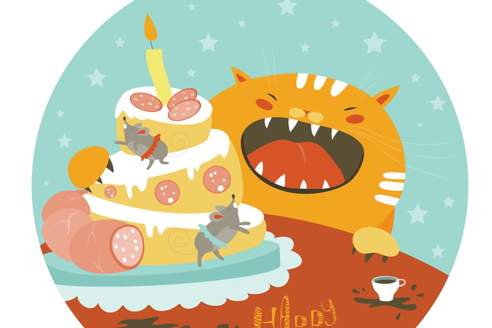 Funny cat and big cake with mouse. Vector 