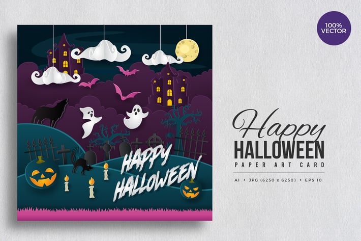 Happy Halloween Paper Art Vector Card Vol.4