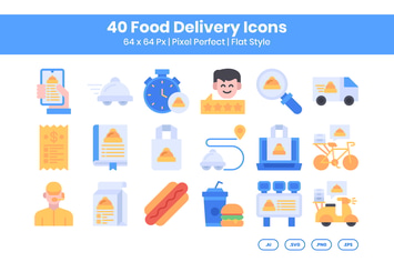 40 Food Delivery Icons Set - Flat