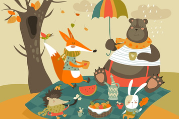 Animals at picnic in autumnal forest. Vector 