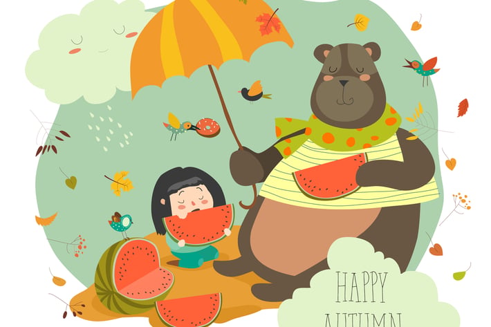 Cute girl with bear eating watermelon. Vector