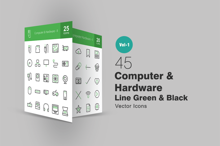 45 Computer Line Green & Black Icons
