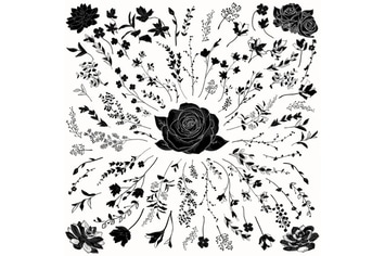 Vector Florals Black Shapes. Hand Drawn Herbs.