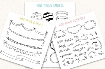 Hand drawn pack. Banners, frames, flourishes