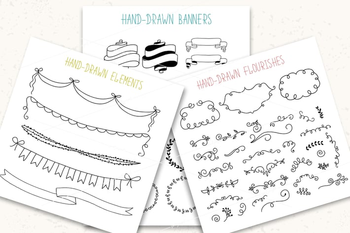 Hand drawn pack. Banners, frames, flourishes