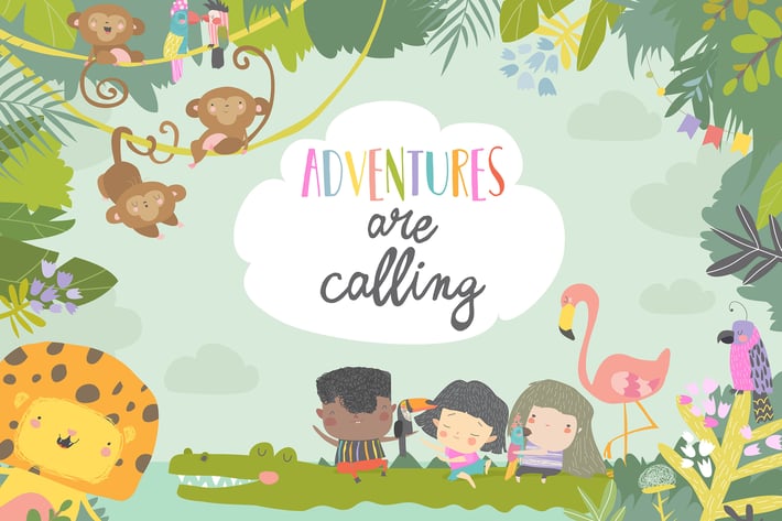Vector cute frame composed of cartoon kids traveli