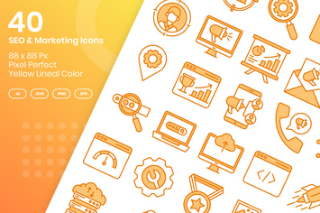40 SEO & Marketing Icons Set - Yellow Lineal Color