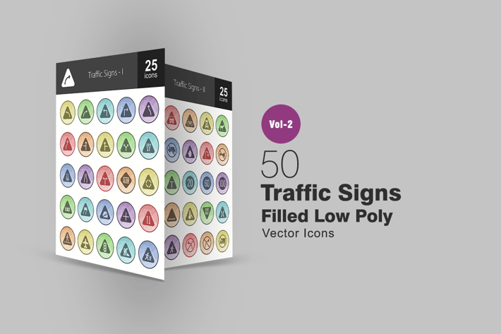50 Traffic Signs Filled Low Poly Icons