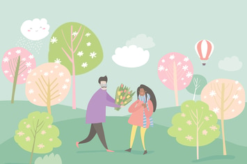 Cartoon happy couple in love in spring garden. Joy
