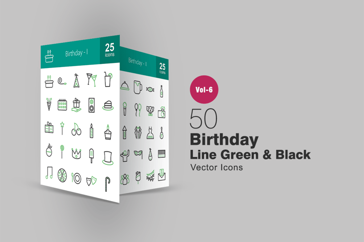 50 Birthday Green & Black Line Icons