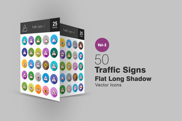 50 Traffic Signs Flat Long Shadow Icons