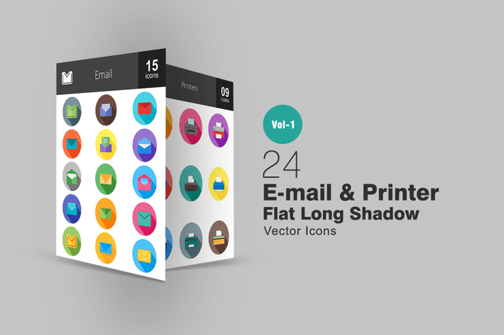 24 Email & Printer Flat Long Shadow Icons