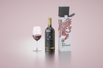 Wine Bottle, Box and Glass Mockup