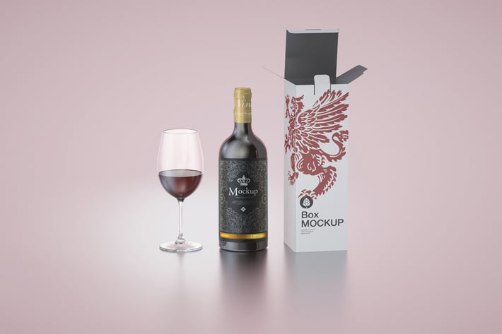 Wine Bottle, Box and Glass Mockup