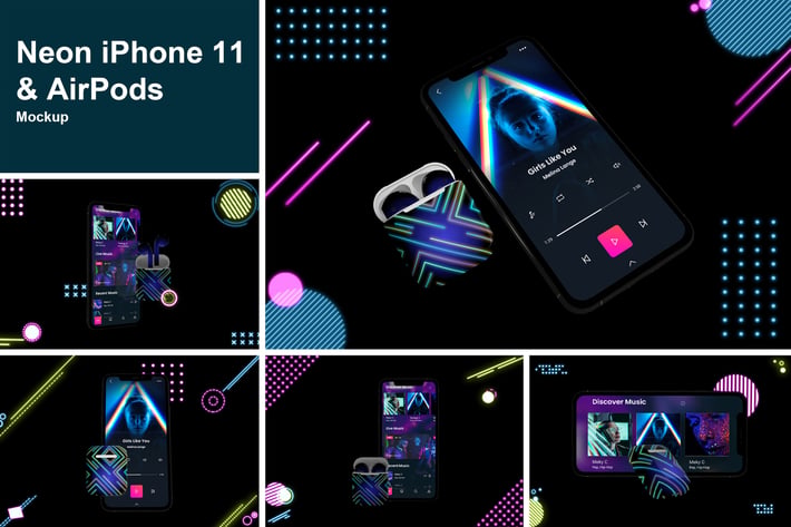 Neon iPhone 11 & Airpods Mockup
