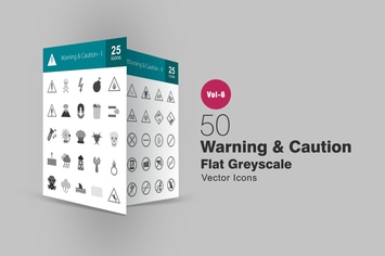 50 Warning & Caution Flat Greyscale Icons