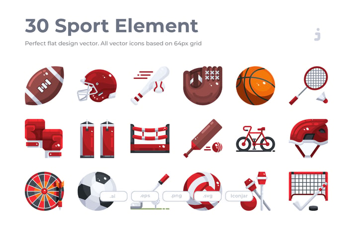 30 Sport Element Icons - Flat