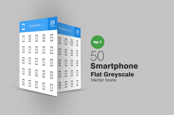 50 Smartphone Flat Greyscale Icons